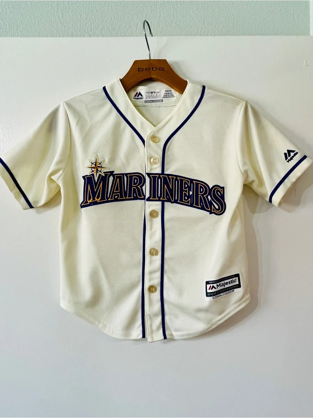 Majestic Kids Cream and Navy Seattle Mariners Jersey